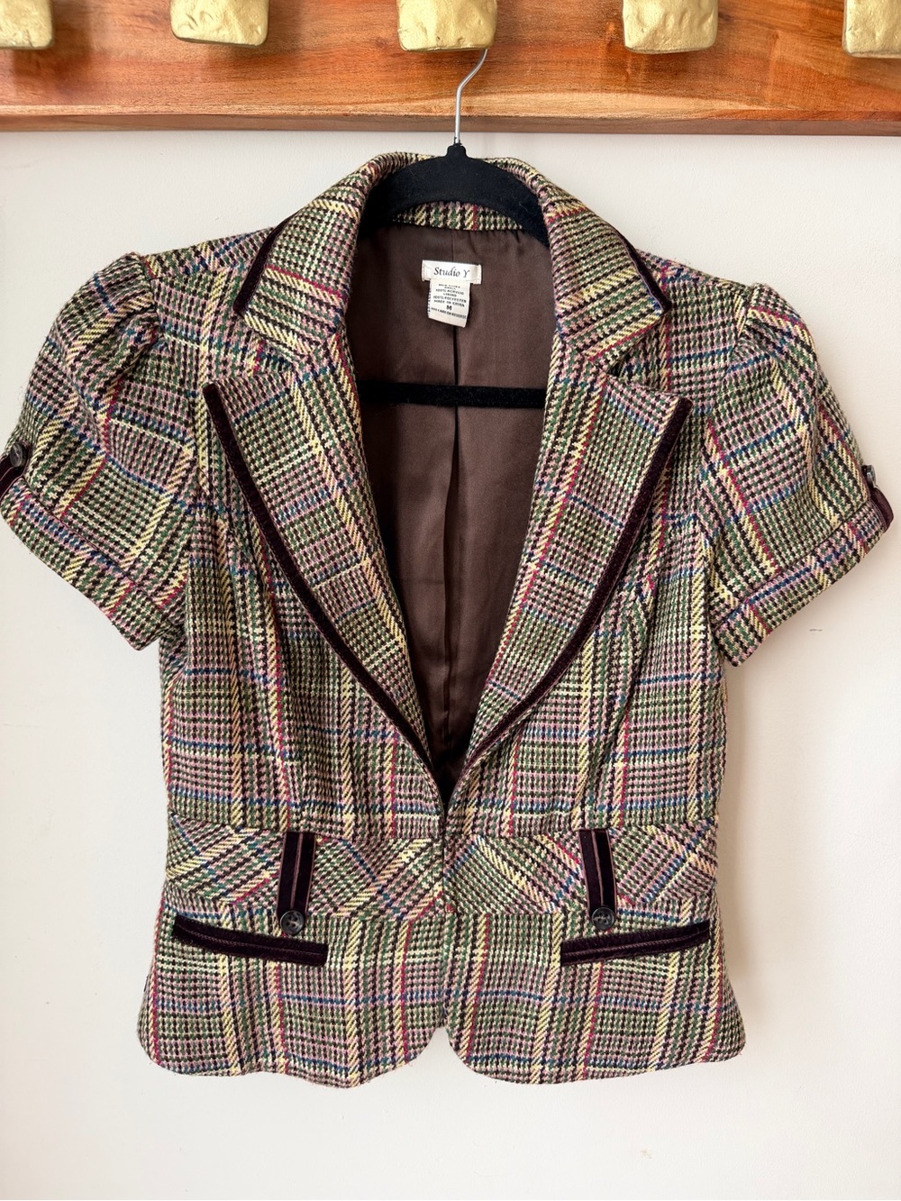 Y2K Studio Y Multicolor Plaid Velvet Trim Short Sleeve Blazer M Academia Preppy